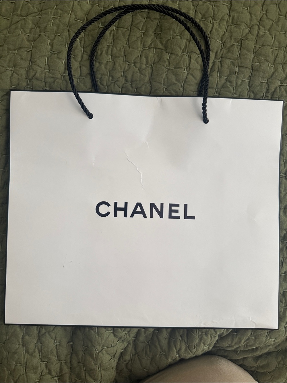 CHANEL White Shopping Bag with Black Logo and Rope Handles